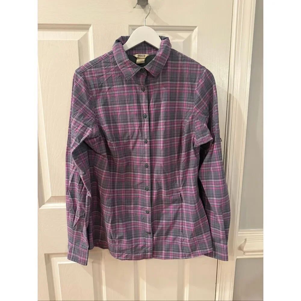 Duluth Women’s Purple & Gray Plaid Vented Mock Neck Button Down Shirt sz M EUC